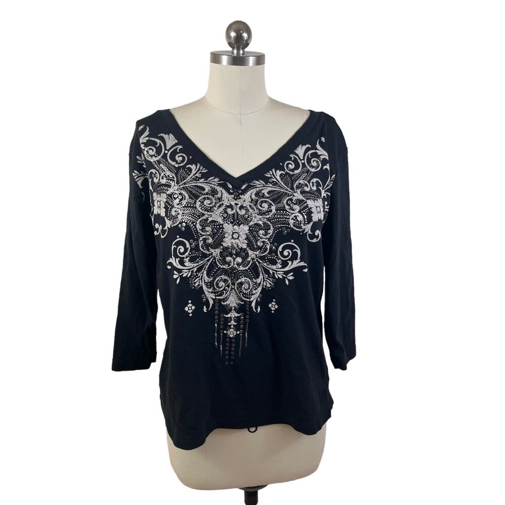 Dressbarn Cyber Y2K Top Womens XL Black Rhinestone Coastal Cowgirl Boho Glam